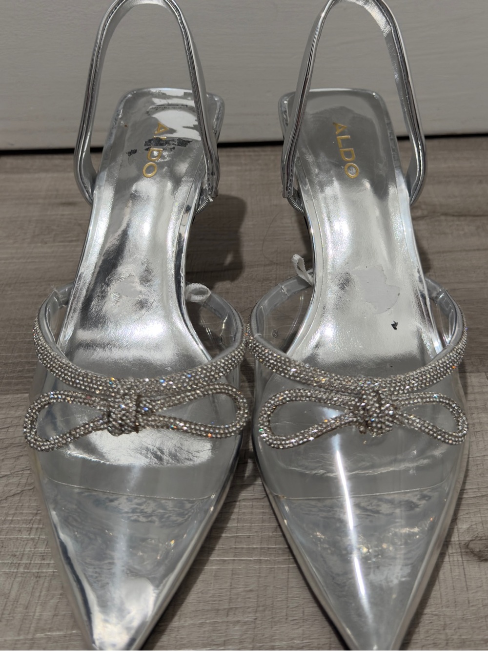 Aldo Silver Pointed Toe Slingback Heels with Rhinestone Bow